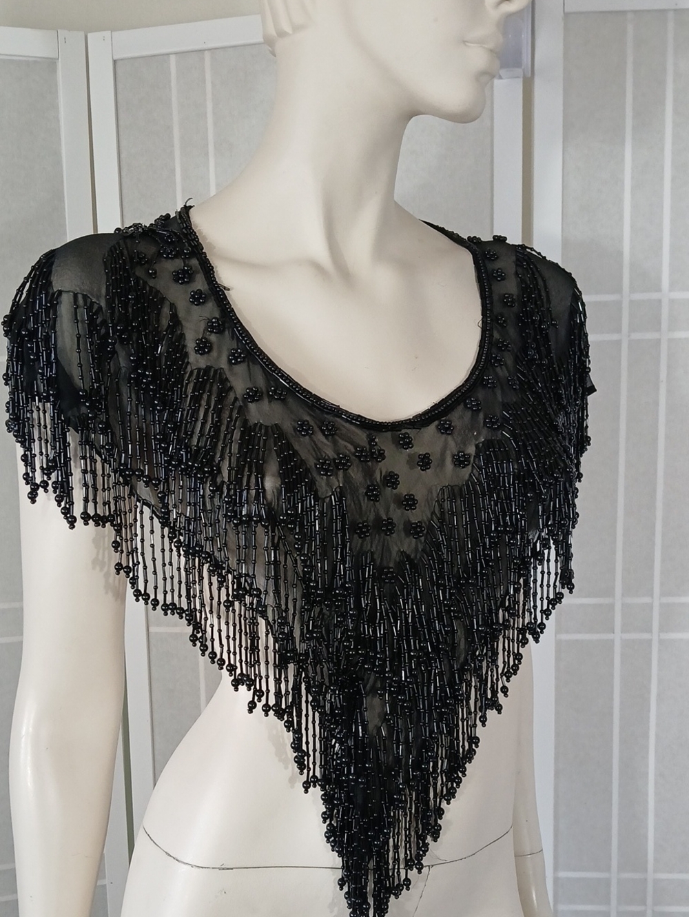 Sheer Black Beaded Fringe Shawl